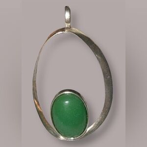 Vintage 925 Sterling Silver Green Onyx Cabochon Modernist Pendant Minimalist